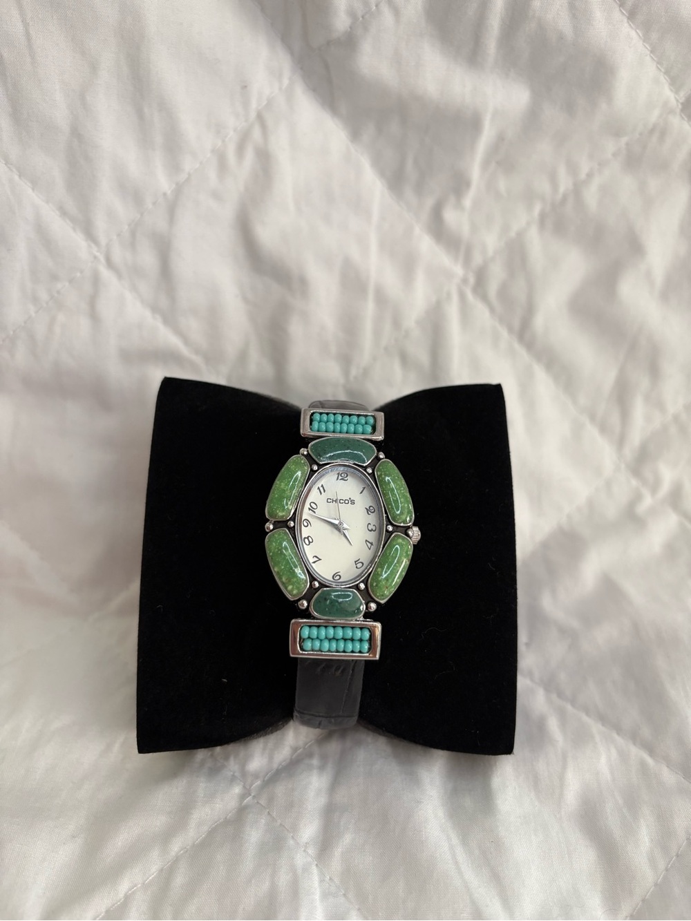 Chico's Black Leather Watch with Green and Turquoise Accents